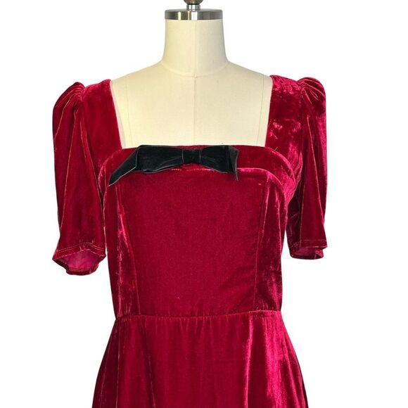 Wayf Red Velvet Puff Sleeve Bow Mini Cocktail Dress| NEW M - Picture 2 of 8